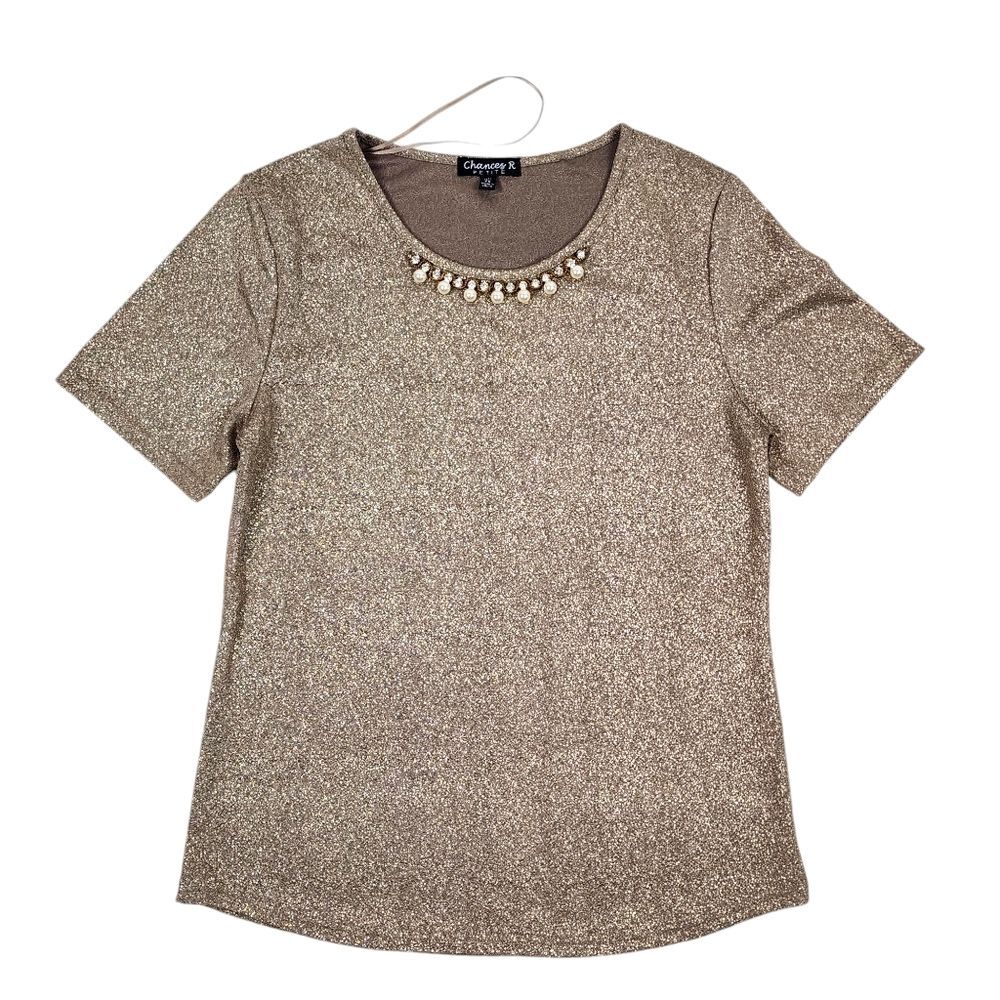 Chances R Shimmery Top Gold Metallic Faux Pearls Rhinestones Stretch Size SP